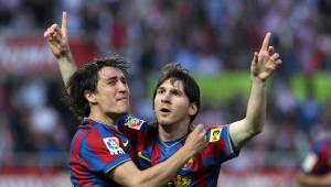 Bojan Krkic junto a Lionel Messi en el Barcelona.