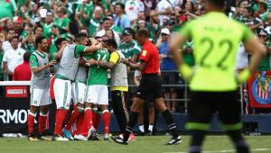 SAN DIEGO, CA - JULY 09: Hedgardo Marin #14 of Mexico is congratulated by teammates after scoring a goal during the first half of a 2017 CONCACAF Gold Cup Group C match against El Salvadorat Qualcomm Stadium on July 9, 2017 in San Diego, California. Sean M. Haffey/Getty Images/AFP