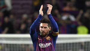 Barcelona's Argentinian forward Lionel Messi celebrates at the end of the UEFA Champions League semi-final first leg football match between Barcelona and Liverpool at the Camp Nou Stadium in Barcelona on May 1, 2019. (Photo by LLUIS GENE / AFP)