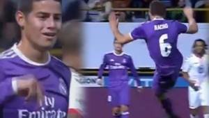James Rodríguez quedó totalmente sorprendido por el golazo anotado por Nacho de volea que era el 6-0 para Real Madrid.