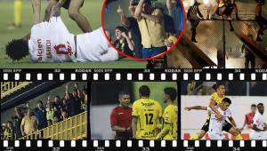 El partido entre Real España y Olimpia terminó en polémica y pelea entre algunos integrantes del cuerpo técnico del Olimpia y directivos y aficionados ubicados en el palco del Real España. Además de los jalones y peleas en la cancha. Fotos: Yoseph Amaya, Neptalí Romero