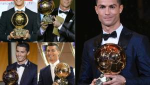 (COMBO) This combination of pictures created on December 7, 2017 shows file photos (L to R, top to bottom) of Portuguese winger Cristiano Ronaldo holding his four trophies after receiving the European footballer of the year award, the 'Ballon d'Or' (Golden ball), in 2008, 2013, 2015 and 2016 and 2107 (R). Portuguese star Cristiano Ronaldo won a record-equalling fifth Ballon d'Or (2008, 2013, 2015, 2016 and 2017) award for the year's best player on December 7. The Real Madrid forward's second successive win draws him level alongside Barcelona rival Lionel Messi on five Ballon d'Ors, after beating the Argentinian and Brazilian Neymar. / AFP PHOTO / AFP PHOTO AND L'EQUIPE / RESTRICTED TO EDITORIAL USE - MANDATORY CREDIT 'AFP PHOTO / LEQUIPE'- NO MARKETING NO ADVERTISING CAMPAIGNS - DISTRIBUTED AS A SERVICE TO CLIENTS