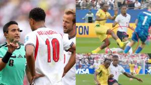 El arbitro hondureño impartió justicia como principal en el juego entre Inglaterra y Ghaba junto a los líneas Walter López y Cristian Ramírez. Fotos cortesía y capturas de pantalla.