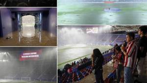 El partido del Levante contra el Athletic Club que debía disputarse esta noche fue aplazado por una fuerte lluvia. Una inundación tanto dentro como fuera del terreno de juego.