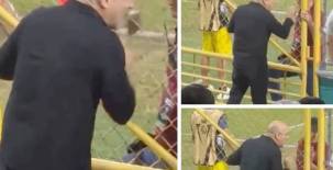 Momentos donde el expresidente de Real España, Fuad Abufele bajó hasta la valla que divide las gradas de la cancha y le dijo de todo a Jeaustin Campos que en ese momento estaba siendo vapuleado por LAFC. Imagen captura de video.