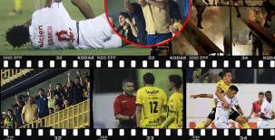 El partido entre Real España y Olimpia terminó en polémica y pelea entre algunos integrantes del cuerpo técnico del Olimpia y directivos y aficionados ubicados en el palco del Real España. Además de los jalones y peleas en la cancha. Fotos: Yoseph Amaya, Neptalí Romero