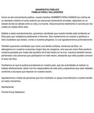 La carta publicada por la familia de Homer Faraj en redes sociales.