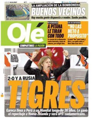 ¡PORTADAS EN PERÚ! 'Llanto de machos, tigre, volvimos y allá vamos Rusia'