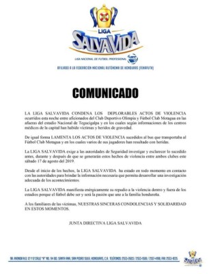 Comunicados de la Policía y Liga Nacional Nacional después de trágica noche en Tegucigalpa