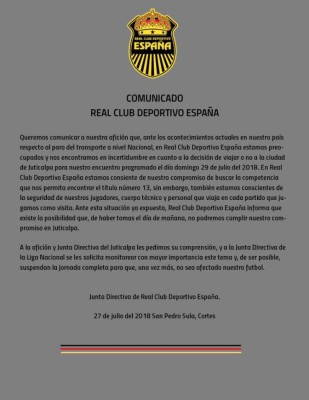 Real España pide a Liga Nacional que 'suspendan la jornada completa'