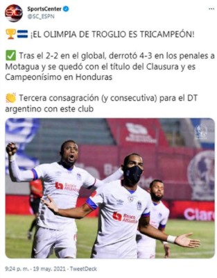 Prensa internacional sobre el tricampeonato de Olimpia ante Motagua y así destacan a Pedro Troglio