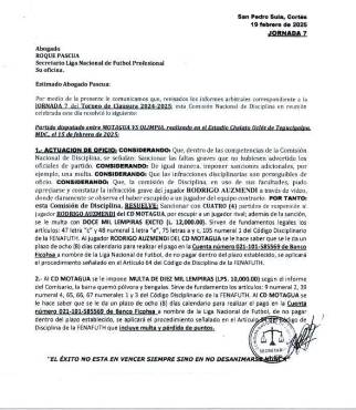 El acta del castigo impuesto a Rodrigo Auzmendi por el escupitajo a Julián Martínez.
