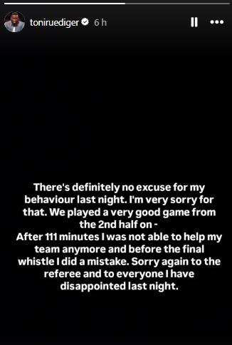 El mensaje de Rüdiger tras perder el control y ver la roja en la final de Copa.