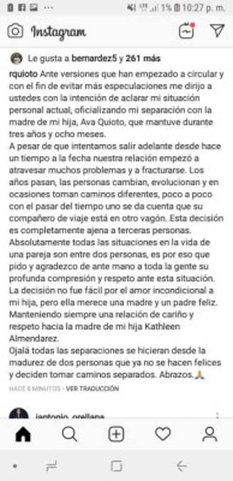 Romell Quioto anuncia en redes sociales que se separa de su esposa