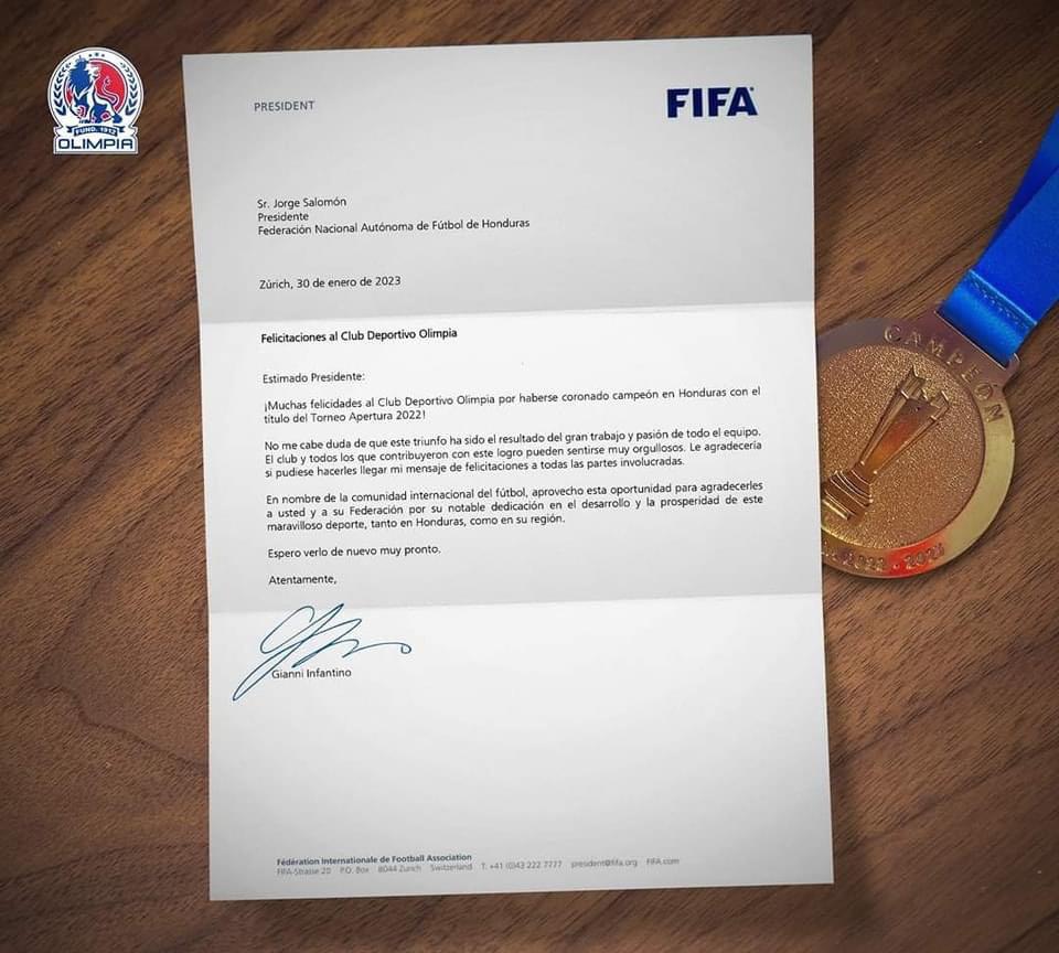 La carta abierta del presidente de la FIFA, Gianni Infantino, dedicada al Olimpia de Honduras