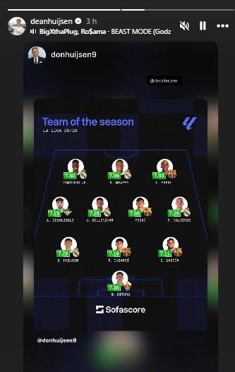 Dean Huijsen compartió la publicación de su padre en la que aparece en el 11 ideal de la temporada en LaLiga, según Sofascore.