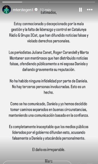 Ter Stegen lanza comunicado tras supuesta infidelidad de su exesposa: “Estoy conmocionado y decepcionado...”