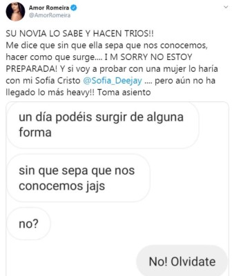 ¡Escándalo! Amor Romeira publica los mensajes subidos de tono que le mandó un futbolista