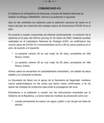 Se confirman dos nuevos casos de coronavirus y se eleva a 26 positivos en Honduras