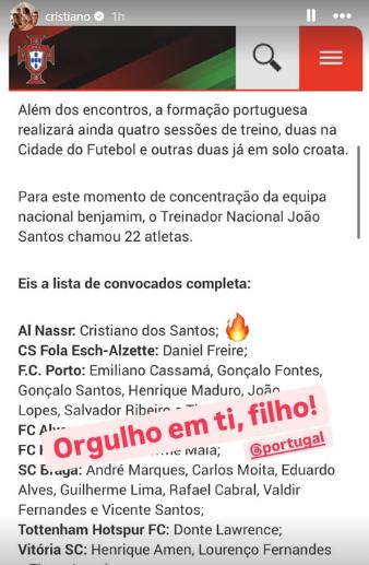 Orgulloso de ti, hijo, el posteo Cristiano Ronaldo tras la convocatoria de Cristiano Jr. con Portugal.