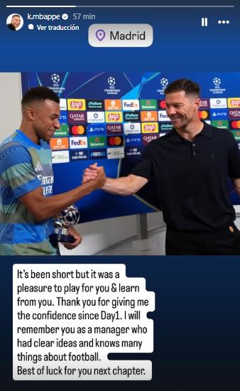El mensaje de Mbappé para Xabi Alonso en Instagram tras dejar el Real Madrid.