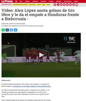 Prensa Internacional elogia a Alex López por su golazo en el empate de Honduras ante Bielorrusia