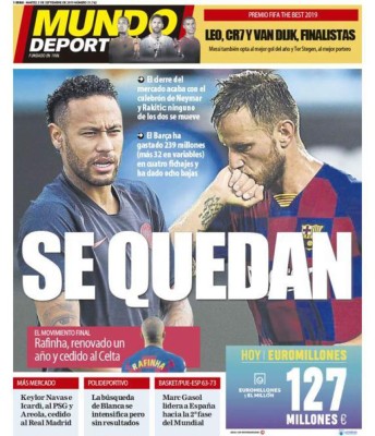 Keylor Navas y Neymar, protagonistas de las portadas en la prensa mundial tras el cierre del mercado de fichajes