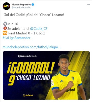 'San Choco Lozano': Lo que dicen en redes sociales tras el gol al Real Madrid con el Cádiz&nbsp;&nbsp;