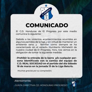 ¡Honduras Progreso gira comunicado y le prohíbe la entrada a su estadio a la barra organizada del Real Sociedad!