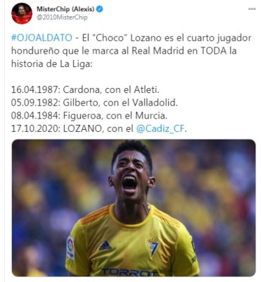 'San Choco Lozano': Lo que dicen en redes sociales tras el gol al Real Madrid con el Cádiz&nbsp;&nbsp;