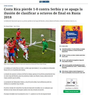 Prensa de Costa Rica: 'Se apaga la ilusión de los octavos en Rusia'