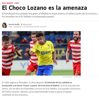 Diario AS de España destacando al hondureño Choco Lozano previo al juego de hoy.