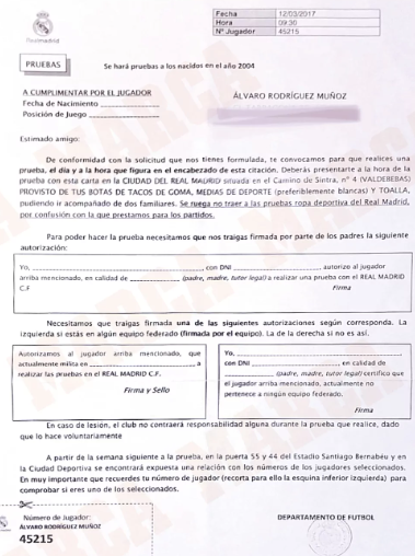 La carta del Real Madrid a Álvaro Rodríguez en 2017 citándolo a una prueba.