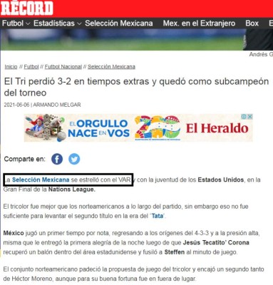 'El VAR y el árbitro mataron a México': Lo que dice la prensa sobre la derrota del Tri contra USA en la Liga de Naciones