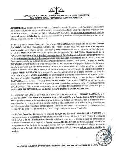 El castigo a Melissa Pastrana y su cuarteta arbitral. Los cuatro jueces arbitrales se perderán dos partidos.