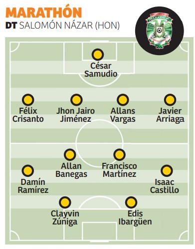 MARATHÓN: César Samudio, Félix Crisanto, Jhon Jairo Jiménez, Damín Ramírez, Allans Vargas, Javier Arriaga, Allan Banegas, Francisco Martínez, Isaac Castillo, Clayvin Zúniga y Edis Ibargüen.