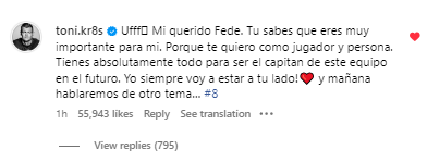 La respuesta de Kroos a la carta que le dedicó de Fede Valverde.