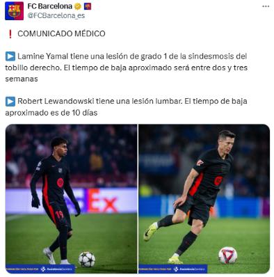 Comunicado del Barcelona confirmando las lesiones de Lamine y Lewandowski.