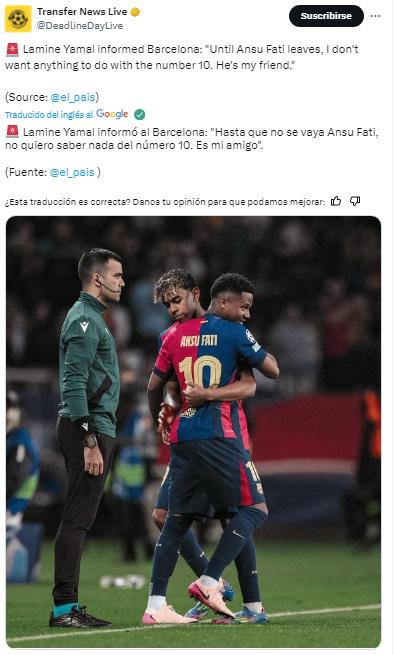 Diario El País asegura que Lamine Yamal no va a usar 10 hasta que se vaya Ansu Fati.