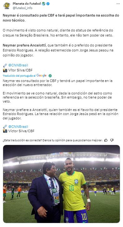 Neymar prefiere a Carlo Ancelotti antes que Jorge Jesus en la selección de Brasil.