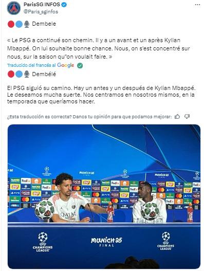 Cuando nadie pensaba que lo iban a mencionar, Dembélé dice esto sobre Kylian Mbappé antes de la final de Champions