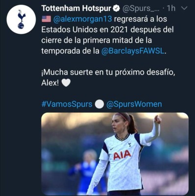 Solo duró dos meses: Así fue el corto paso de Alex Morgan por el Tottenham de Inglaterra