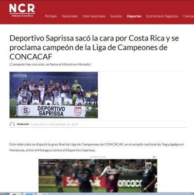 Prensa de Costa Rica: 'Hegemonía tica' y 'La S reina en la Liga Concacaf'