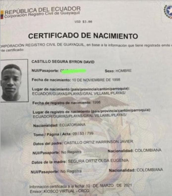 Este es el certificado de nacimiento de Byron Castillo que dice que nació en Ecuador.