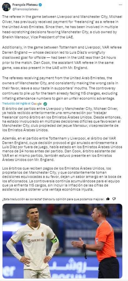Escándalo en el Manchester City de Pep Guardiola tras denuncia de pagos a árbitos y señalan al jeque