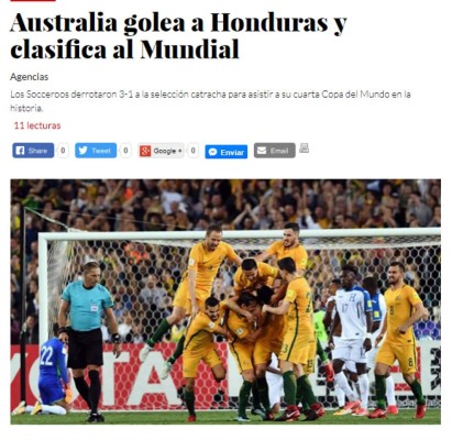 Prensa internacional resalta 'el fracaso' de Honduras y la goleada de Australia