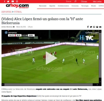 Prensa Internacional elogia a Alex López por su golazo en el empate de Honduras ante Bielorrusia