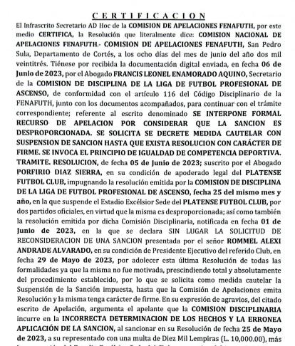 Parte del documento resolutivo en favor del Platense de cara a la final de vuelta del Clausura 2023 en la Liga de Ascenso.