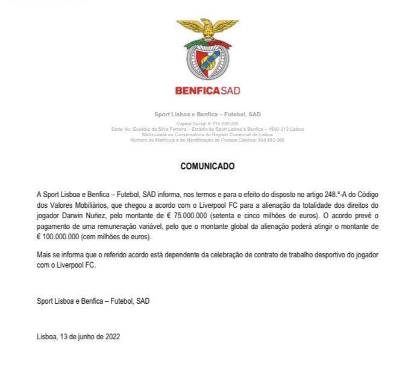 El comunicado del Benfica que confirma el fichaje de Darwin Núñez por el Liverpool.