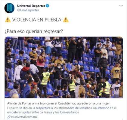 Liga MX: afición de Puebla y Pumas se pelean en las gradas; identificaron al joven que pateó a una mujer